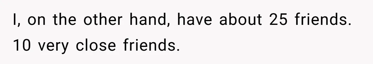 I, on the other hand, have about 25 friends. 10 very close friends.