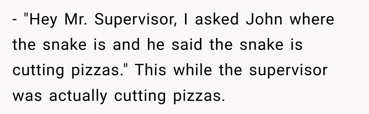 - "Hey Mr. Supervisor, I asked John where the snake is and he said the snake is cutting pizzas." This while the supervisor was actually cutting pizzas.