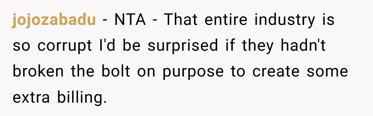 jojozabadu − NTA - That entire industry is so corrupt I'd be surprised if they hadn't broken the bolt on purpose to create some extra billing.