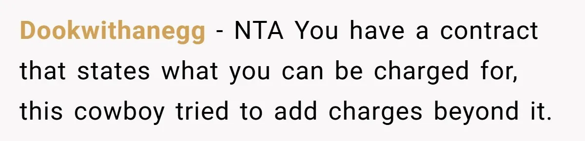 Dookwithanegg − NTA You have a contract that states what you can be charged for, this cowboy tried to add charges beyond it.