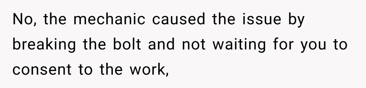 No, the mechanic caused the issue by breaking the bolt and not waiting for you to consent to the work,