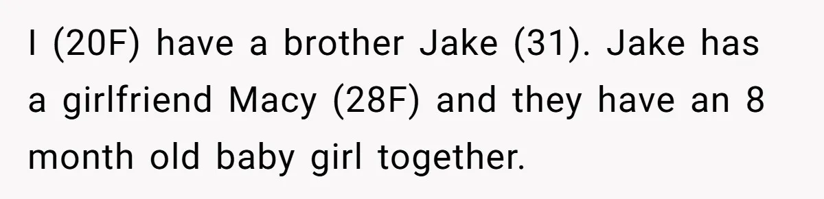 I (20F) have a brother Jake (31). Jake has a girlfriend Macy (28F) and they have an 8 month old baby girl together.