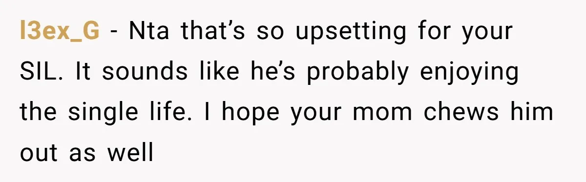 l3ex_G − Nta that’s so upsetting for your SIL. It sounds like he’s probably enjoying the single life. I hope your mom chews him out as well