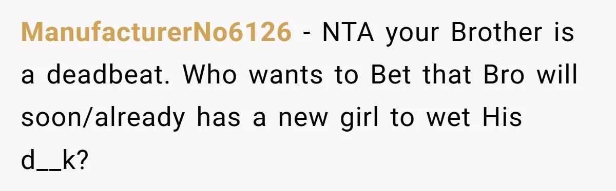 ManufacturerNo6126 − NTA your Brother is a deadbeat. Who wants to Bet that Bro will soon/already has a new girl to wet His d__k?