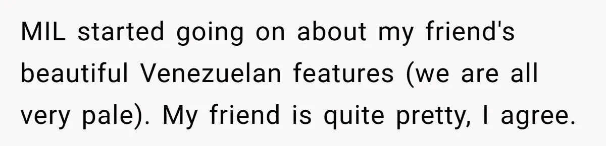 MIL started going on about my friend's beautiful Venezuelan features (we are all very pale). My friend is quite pretty, I agree.