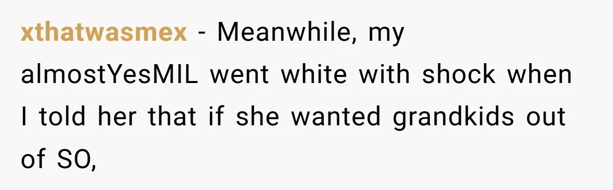 xthatwasmex − Meanwhile, my almostYesMIL went white with shock when I told her that if she wanted grandkids out of SO,