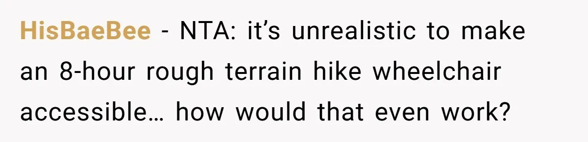 Man Snaps At Disabled Friend For Complaining About A Hike Not Being Wheelchair Accessible HisBaeBee − NTA: it’s unrealistic to make an 8-hour rough terrain hike wheelchair accessible… how would that even work?