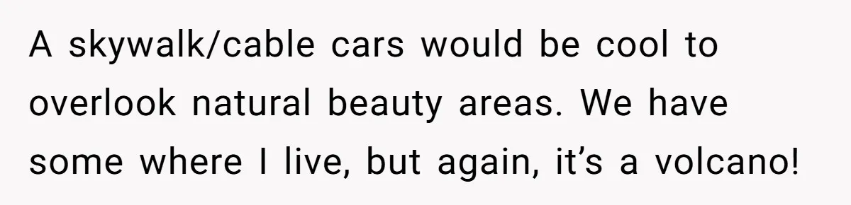 Man Snaps At Disabled Friend For Complaining About A Hike Not Being Wheelchair Accessible A skywalk/cable cars would be cool to overlook natural beauty areas. We have some where I live, but again, it’s a volcano!