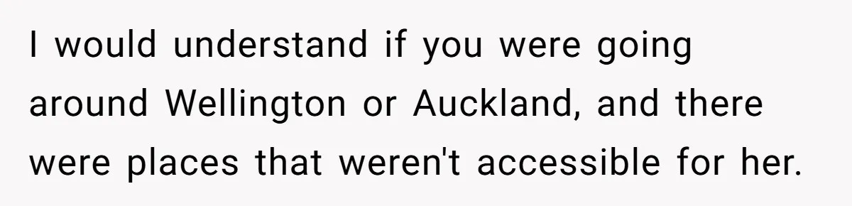 Man Snaps At Disabled Friend For Complaining About A Hike Not Being Wheelchair Accessible I would understand if you were going around Wellington or Auckland, and there were places that weren't accessible for her.