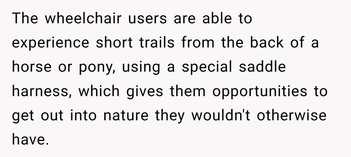 Man Snaps At Disabled Friend For Complaining About A Hike Not Being Wheelchair Accessible The wheelchair users are able to experience short trails from the back of a horse or pony, using a special saddle harness, which gives them opportunities to get out into...