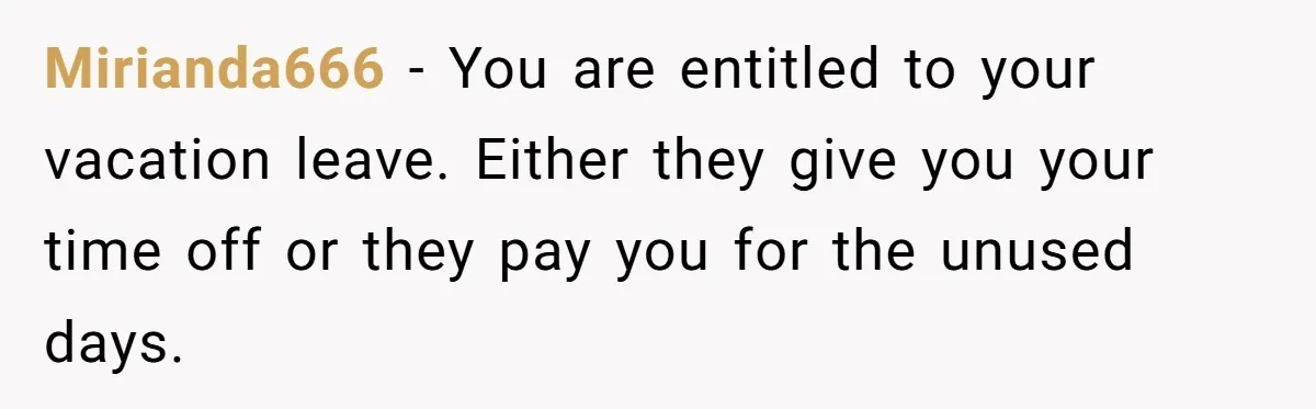 Mirianda666 − You are entitled to your vacation leave. Either they give you your time off or they pay you for the unused days.