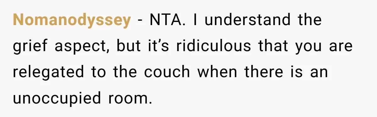 Nomanodyssey − NTA. I understand the grief aspect, but it’s ridiculous that you are relegated to the couch when there is an unoccupied room.