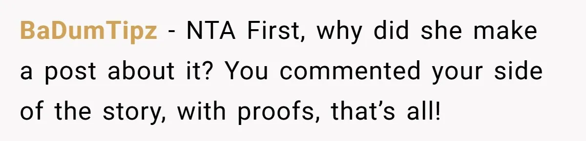 BaDumTipz − NTA First, why did she make a post about it? You commented your side of the story, with proofs, that’s all!