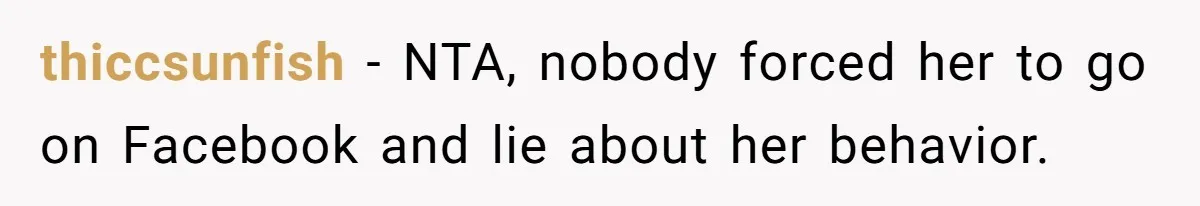 thiccsunfish − NTA, nobody forced her to go on Facebook and lie about her behavior.