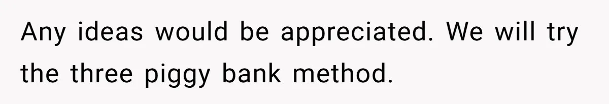 Any ideas would be appreciated. We will try the three piggy bank method.