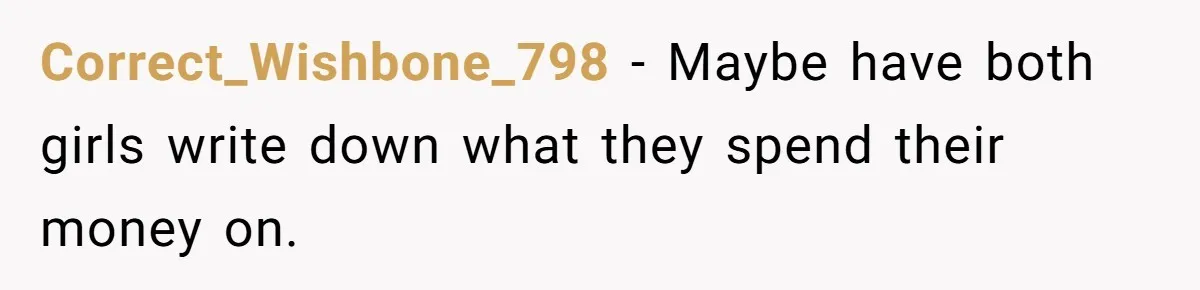 Correct_Wishbone_798 − Maybe have both girls write down what they spend their money on.