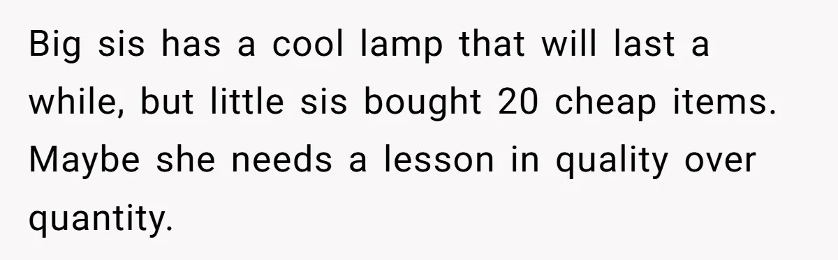 Big sis has a cool lamp that will last a while, but little sis bought 20 cheap items. Maybe she needs a lesson in quality over quantity.