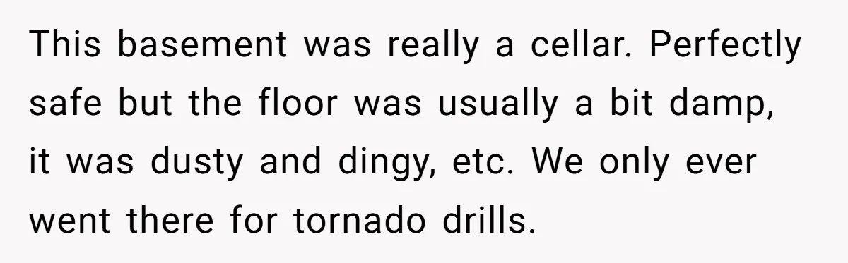 Students Demand “Something Fun,” and Their Art Teacher Makes Them Regret - Then Love - Every Second This basement was really a cellar. Perfectly safe but the floor was usually a bit damp, it was dusty and dingy, etc. We only ever went there for tornado drills.