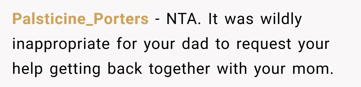 Palsticine_Porters − NTA. It was wildly inappropriate for your dad to request your help getting back together with your mom.