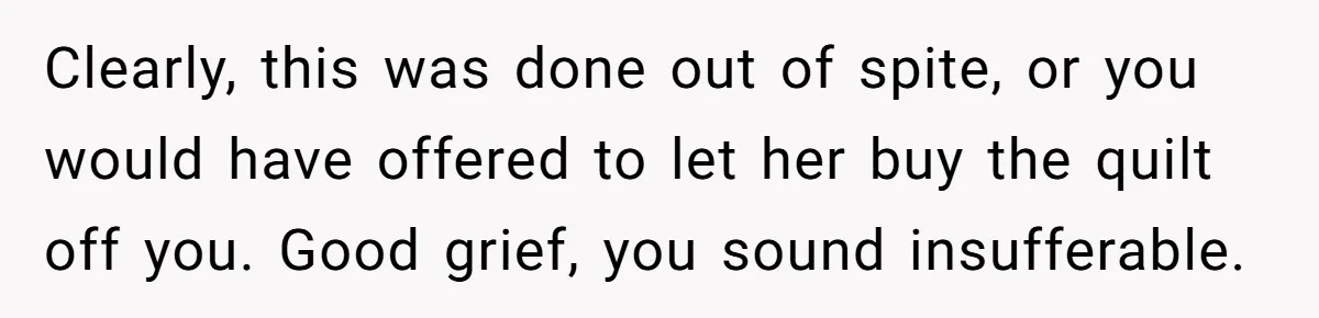 Clearly, this was done out of spite, or you would have offered to let her buy the quilt off you. Good grief, you sound insufferable.