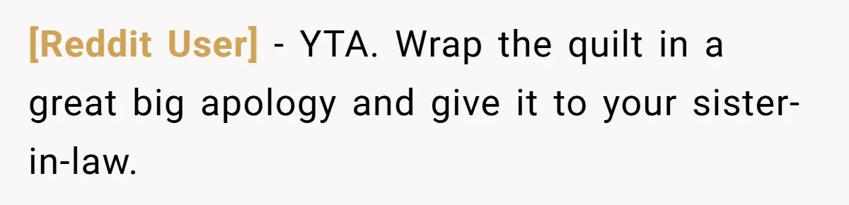 [Reddit User] − YTA. Wrap the quilt in a great big apology and give it to your sister-in-law.