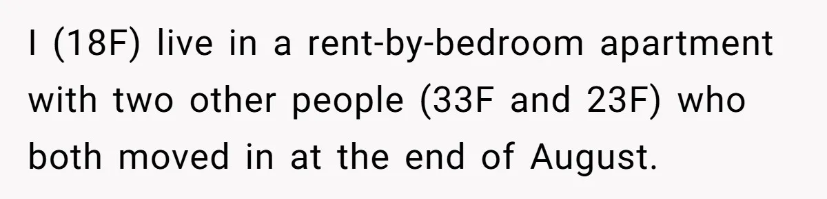 I (18F) live in a rent-by-bedroom apartment with two other people (33F and 23F) who both moved in at the end of August.