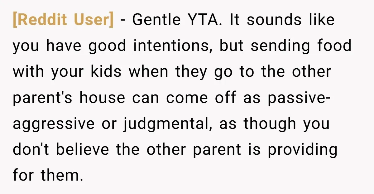 [Reddit User] − Gentle YTA. It sounds like you have good intentions, but sending food with your kids when they go to the other parent's house can come off as...