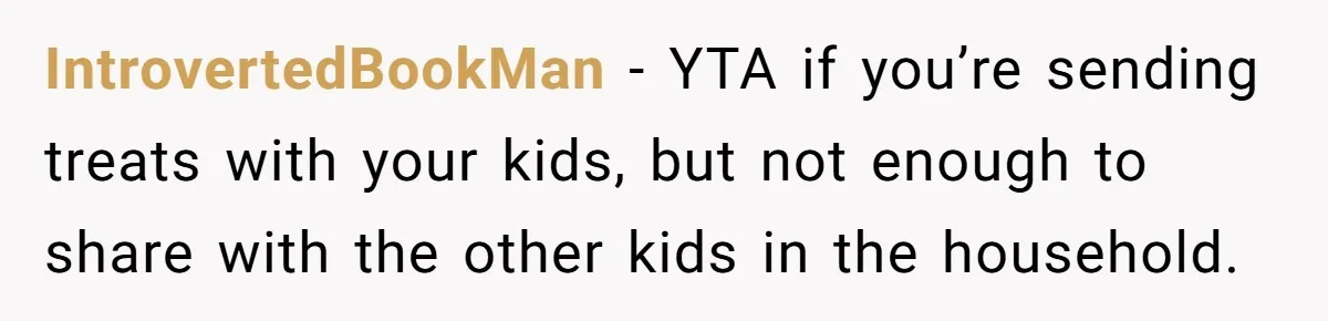 IntrovertedBookMan − YTA if you’re sending treats with your kids, but not enough to share with the other kids in the household.
