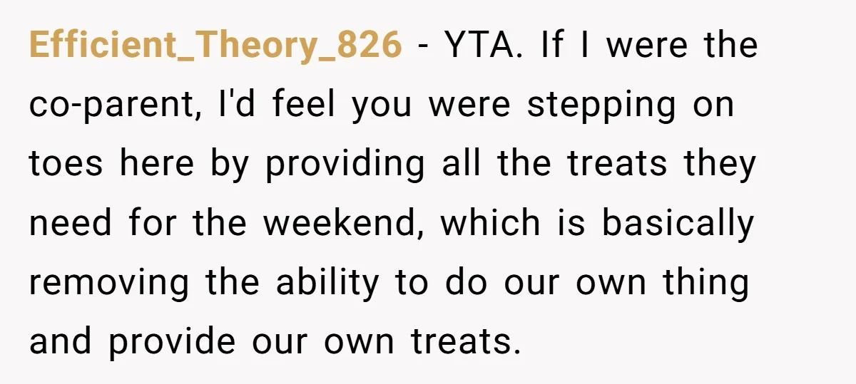 Efficient_Theory_826 − YTA. If I were the co-parent, I'd feel you were stepping on toes here by providing all the treats they need for the weekend, which is basically removing...