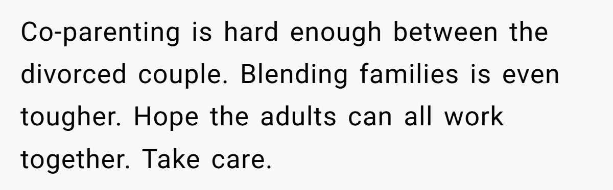Co-parenting is hard enough between the divorced couple. Blending families is even tougher. Hope the adults can all work together. Take care.