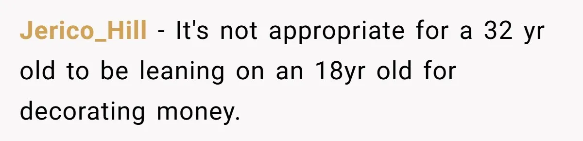 Jerico_Hill − It's not appropriate for a 32 yr old to be leaning on an 18yr old for decorating money.