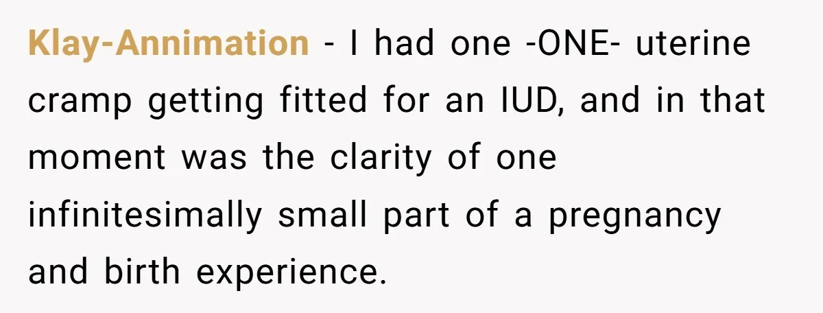 Klay-Annimation − I had one -ONE- uterine cramp getting fitted for an IUD, and in that moment was the clarity of one infinitesimally small part of a pregnancy and birth...