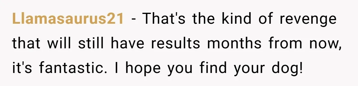 Llamasaurus21 − That's the kind of revenge that will still have results months from now, it's fantastic. I hope you find your dog!
