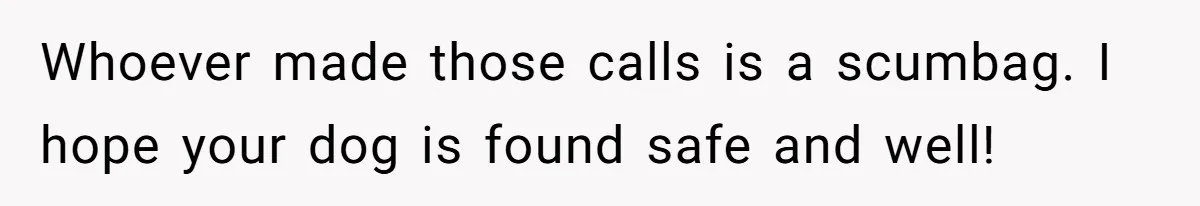 Whoever made those calls is a scumbag. I hope your dog is found safe and well!