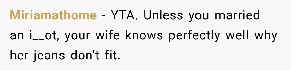 Miriamathome − YTA. Unless you married an i__ot, your wife knows perfectly well why her jeans don’t fit.