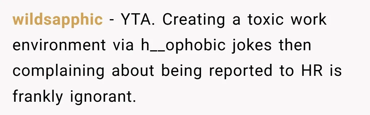 wildsapphic − YTA. Creating a toxic work environment via h__ophobic jokes then complaining about being reported to HR is frankly ignorant.