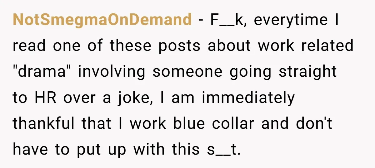 NotSmegmaOnDemand − F__k, everytime I read one of these posts about work related "drama" involving someone going straight to HR over a joke, I am immediately thankful that I work...