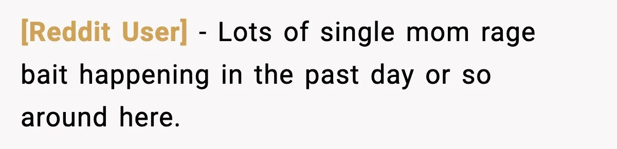 [Reddit User] − Lots of single mom rage bait happening in the past day or so around here.