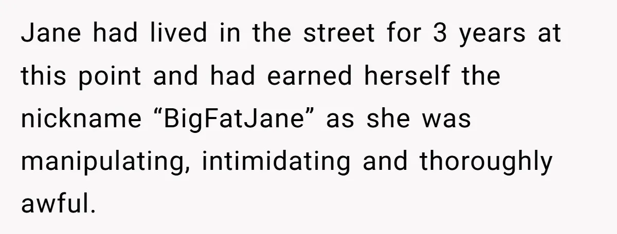 Jane had lived in the street for 3 years at this point and had earned herself the nickname “BigFatJane” as she was manipulating, intimidating and thoroughly awful.