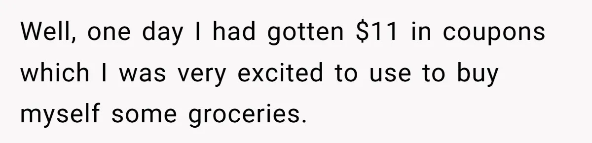 Well, one day I had gotten $11 in coupons which I was very excited to use to buy myself some groceries.