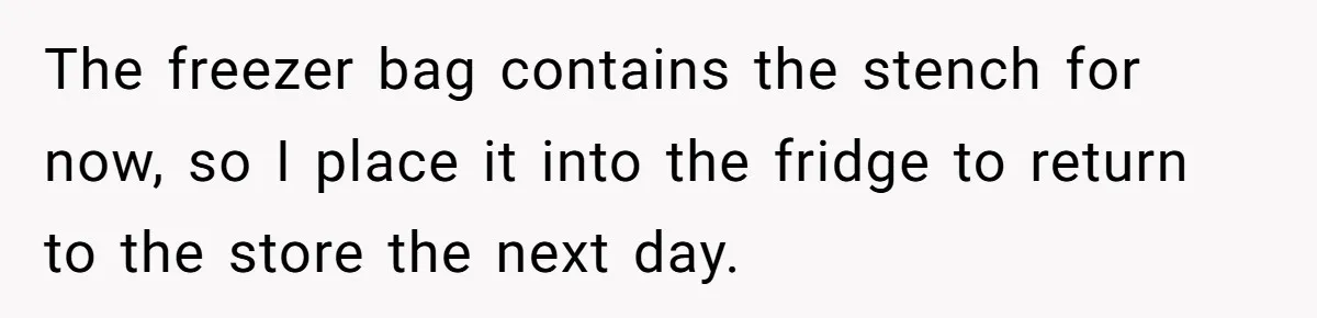 The freezer bag contains the stench for now, so I place it into the fridge to return to the store the next day.