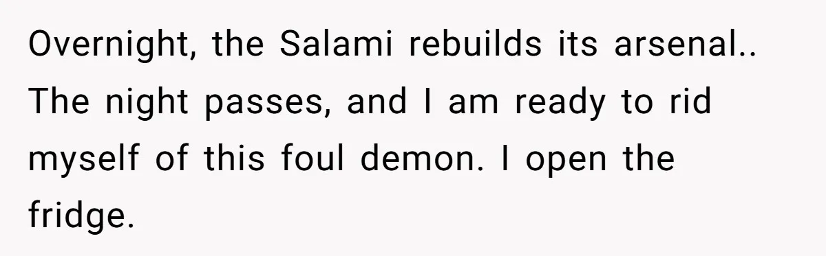 Overnight, the Salami rebuilds its arsenal.. The night passes, and I am ready to rid myself of this foul demon. I open the fridge.