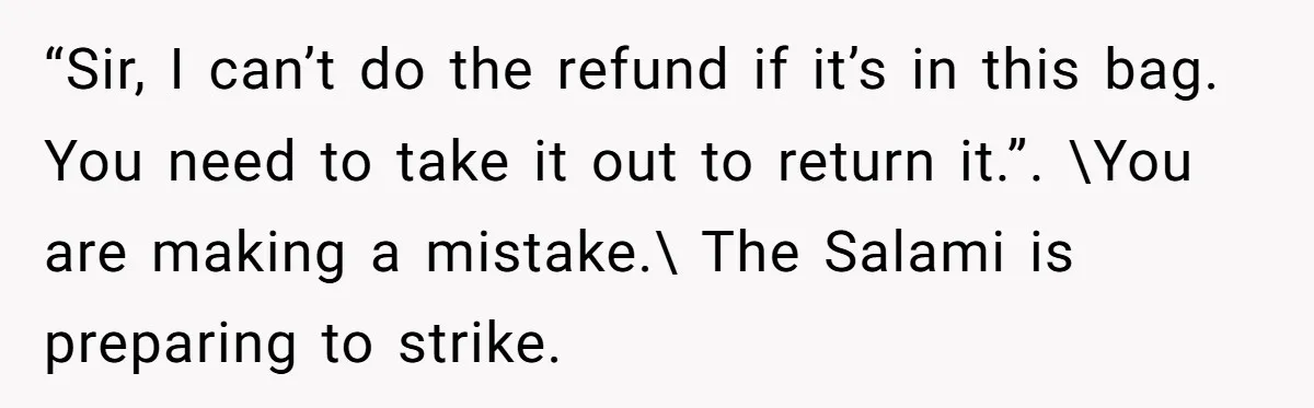 “Sir, I can’t do the refund if it’s in this bag. You need to take it out to return it.”. \You are making a mistake.\ The Salami is preparing to...