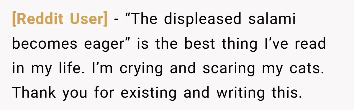 [Reddit User] − “The displeased salami becomes eager” is the best thing I’ve read in my life. I’m crying and scaring my cats. Thank you for existing and writing this.