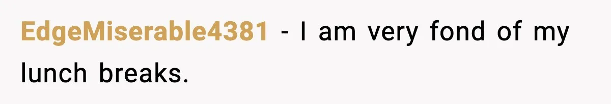 EdgeMiserable4381 − I am very fond of my lunch breaks.