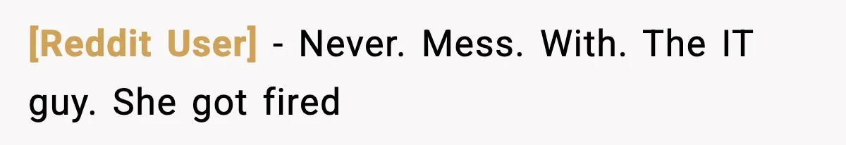 [Reddit User] − Never. Mess. With. The IT guy. She got fired