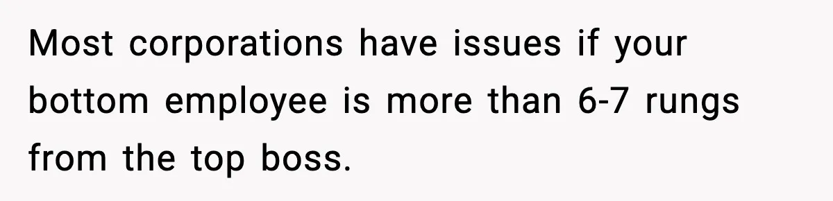 Most corporations have issues if your bottom employee is more than 6-7 rungs from the top boss.