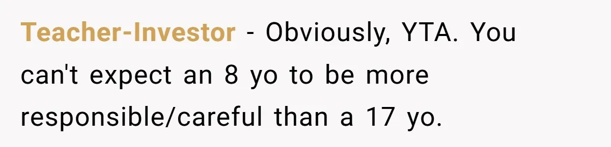 Teacher-Investor − Obviously, YTA. You can't expect an 8 yo to be more responsible/careful than a 17 yo.