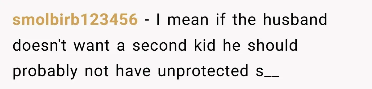 smolbirb123456 − I mean if the husband doesn't want a second kid he should probably not have unprotected s__