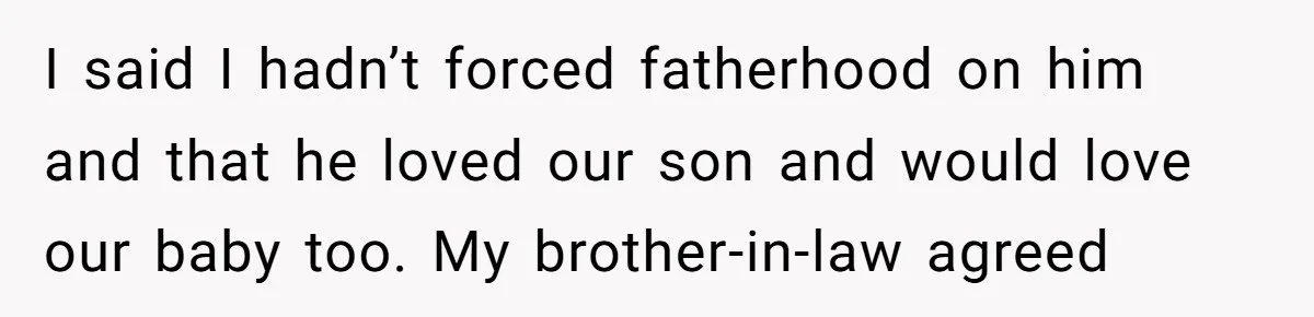 I said I hadn’t forced fatherhood on him and that he loved our son and would love our baby too. My brother-in-law agreed
